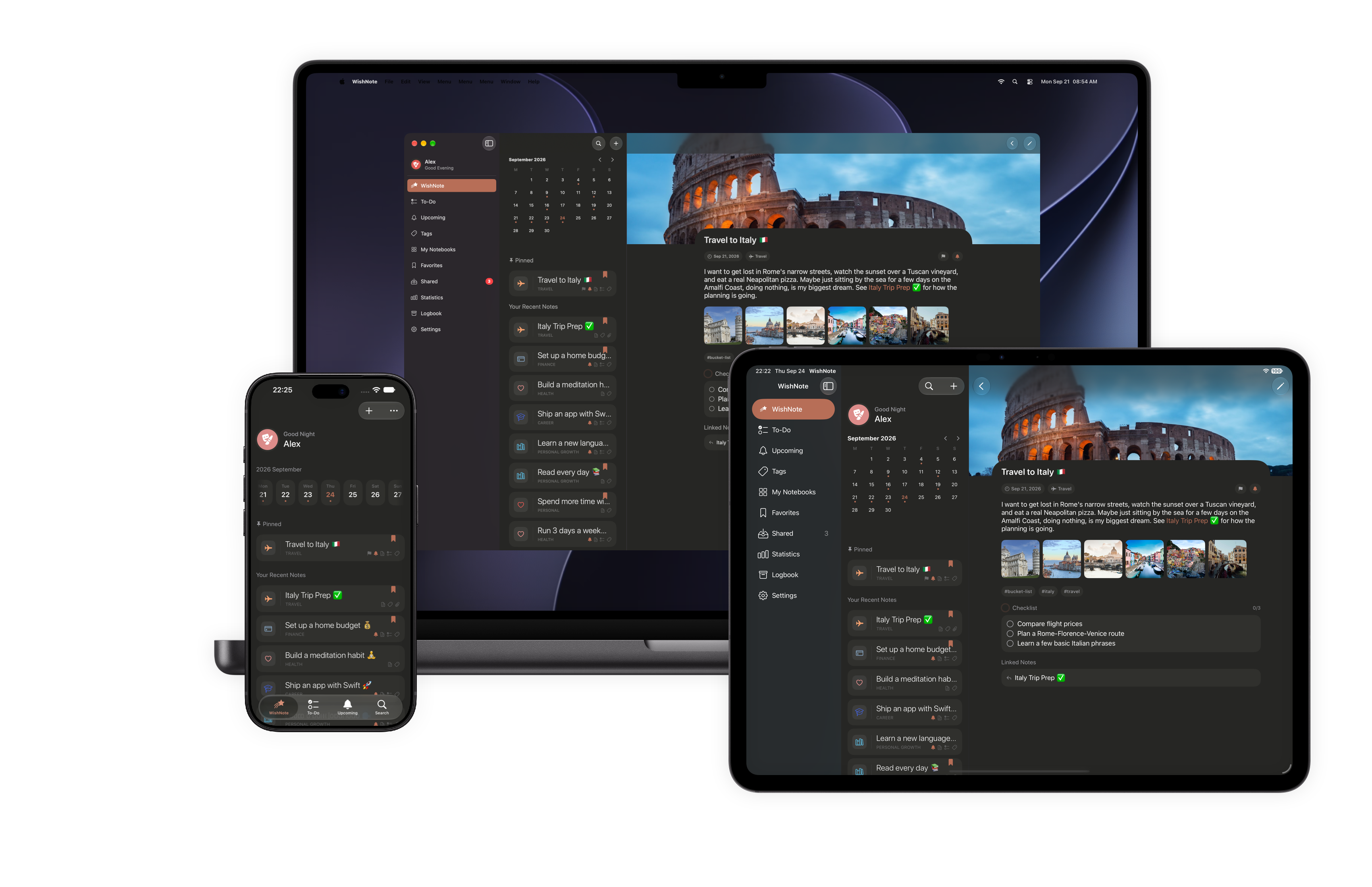 WishNote shown on Mac, iPhone, and iPad in dark mode