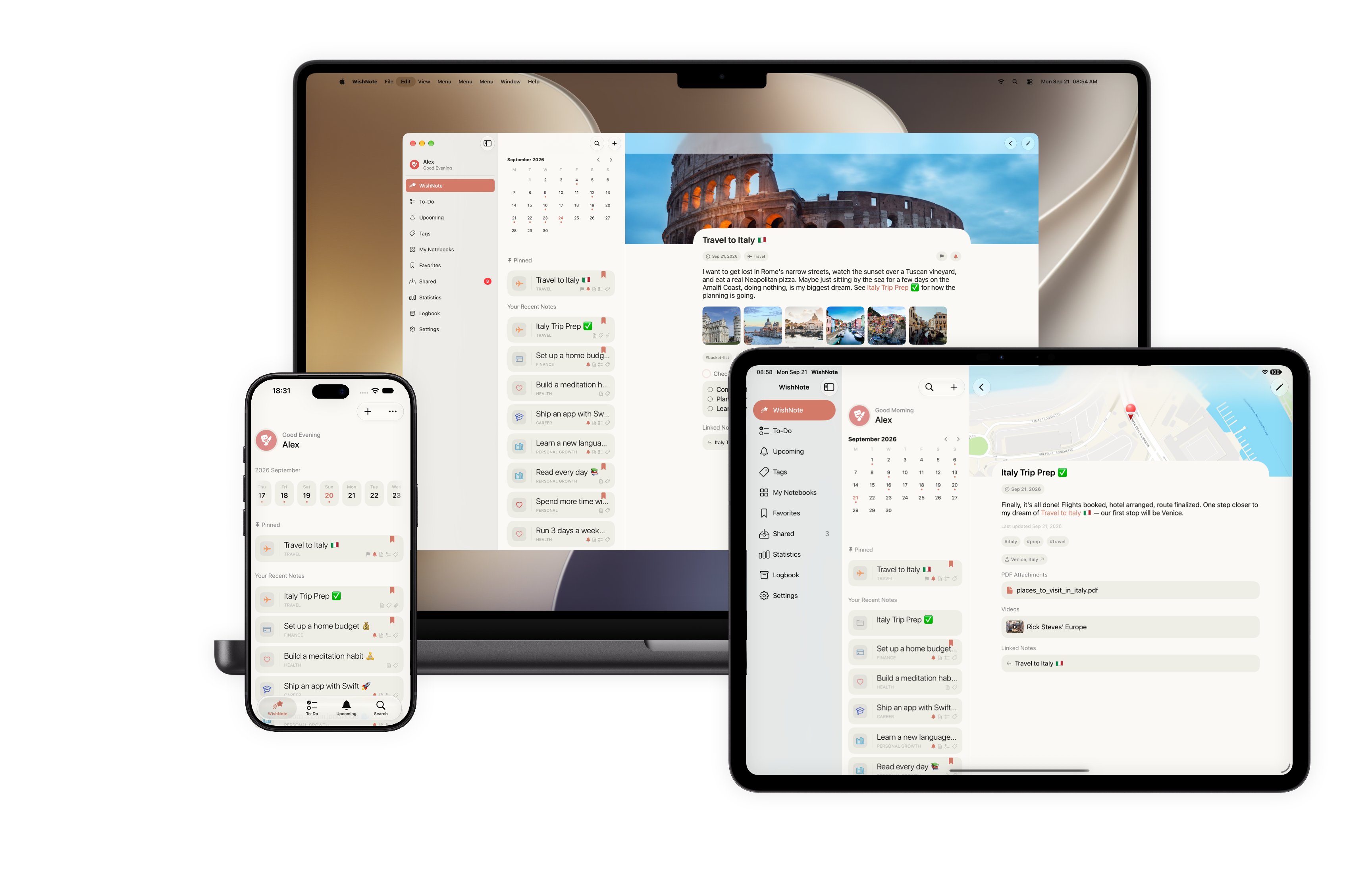 WishNote shown on Mac, iPhone, and iPad